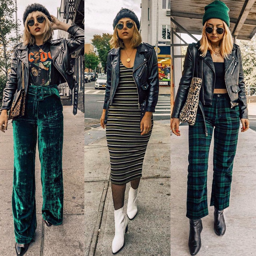 MOTO JACKET STYLED 3 WAYS: GREEN AND BLACK COLOR PALETTE. – NICOLE ALYSE.